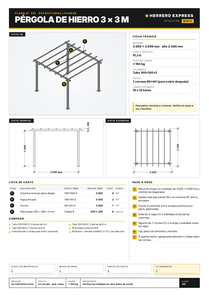 Plano: Pérgola de hierro 3 × 3 m