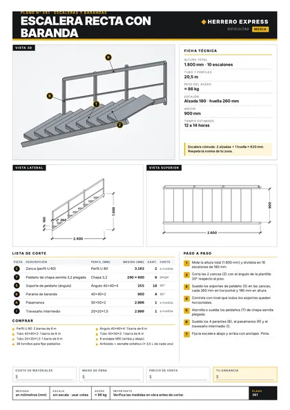 Plano: Escalera recta con baranda
