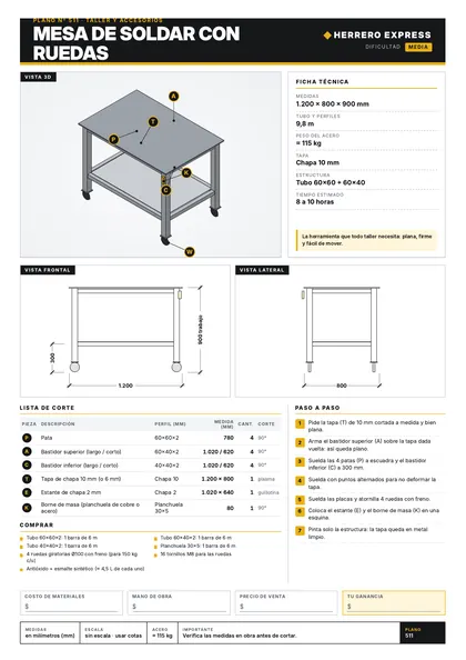 Plano: Mesa de soldar con ruedas